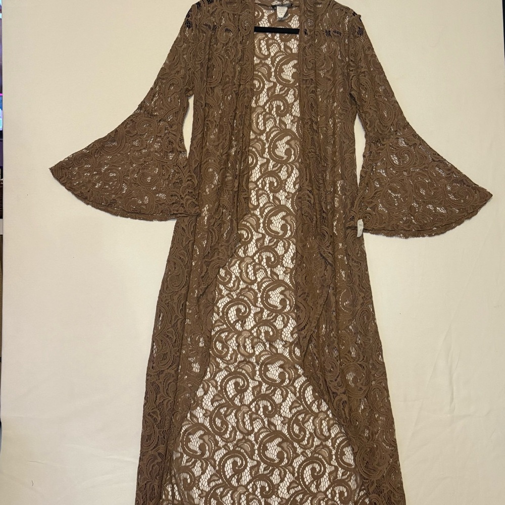 Objex Mocha Brown Lace Duster with Bell Sleeves